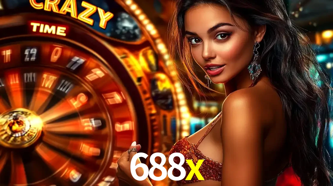 Mulher ao lado da roda de prêmios do jogo de cassino ao vivo Crazy Time, um dos shows de jogos mais emocionantes oferecidos pela plataforma de apostas 688x.