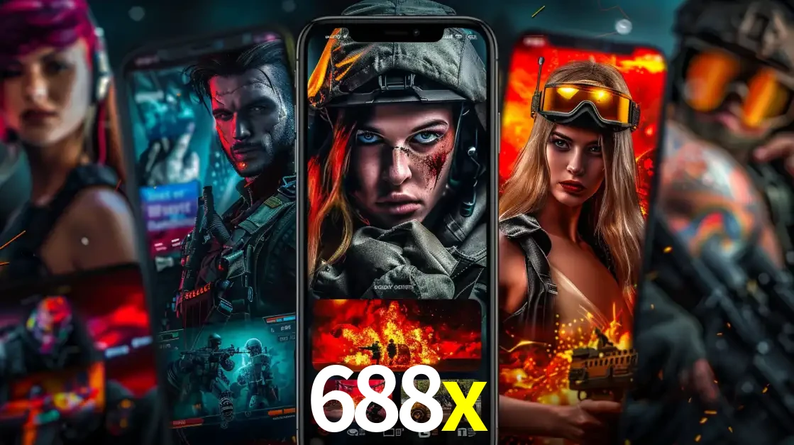 Montagem de telas de celular mostrando diversos personagens, masculinos e femininos, de um jogo de tiro, ilustrando a diversidade de equipes de e-sports para apostar no 688x.