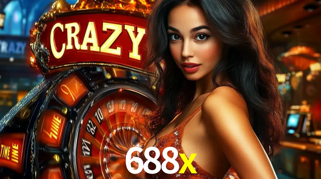 Mulher glamourosa olhando para a câmera com a roda vermelha do Crazy Time ao fundo em um ambiente de cassino, destacando a emoção dos jogos ao vivo no 688x.