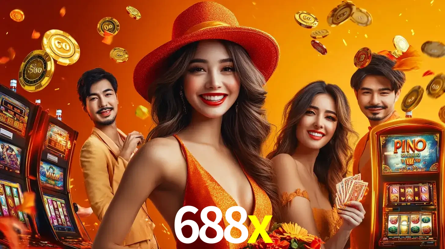 Grupo de amigos asiáticos sorrindo e se divertindo com máquinas de caça-níqueis em um ambiente festivo, celebrando suas vitórias nos jogos de cassino do 688x.