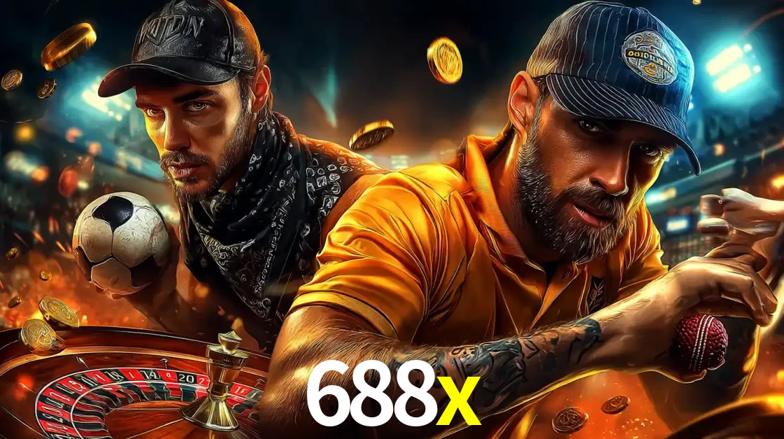 Montagem de apostas esportivas e cassino no 688x, com um homem segurando uma bola de futebol e outro uma de beisebol sobre uma roleta e moedas voadoras.