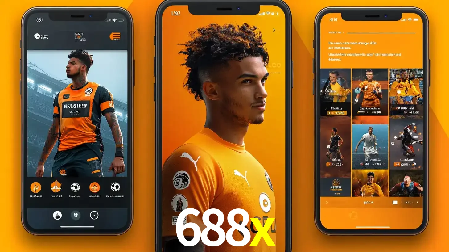 Interface do aplicativo de apostas esportivas 688x em três telas de celular, mostrando o perfil de um jogador de futebol e a lista de jogos disponíveis para apostar.