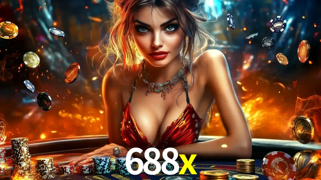 Mulher em uma mesa de cassino com pilhas de fichas e um fundo de fogo, pronta para uma rodada de altas apostas nos jogos de mesa emocionantes do cassino 688x.