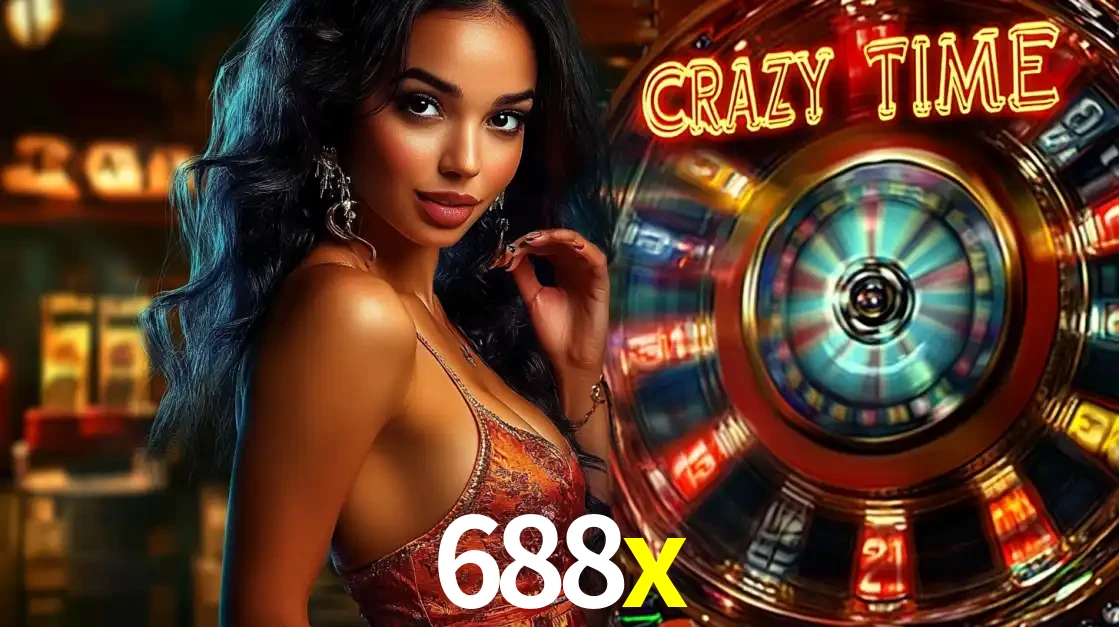 Mulher elegante ao lado da vibrante roda da fortuna do jogo de cassino ao vivo Crazy Time, um dos game shows mais populares e cheios de prêmios do 688x.