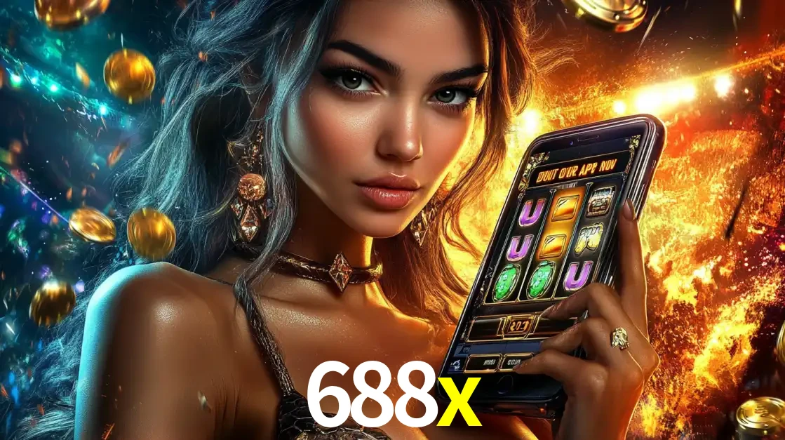 Mulher elegante mostrando um jogo de caça-níqueis em seu smartphone, destacando a experiência de cassino móvel oferecida pelo aplicativo 688x.