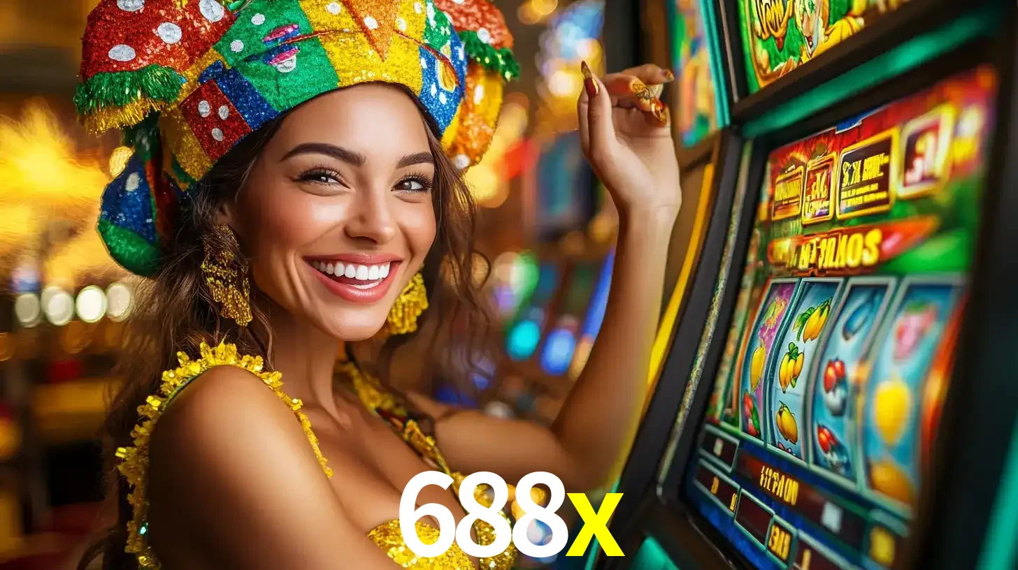 Mulher feliz com traje de carnaval amarelo e colorido ao lado de uma máquina de caça-níqueis, aproveitando a diversão e os jogos temáticos do cassino 688x.
